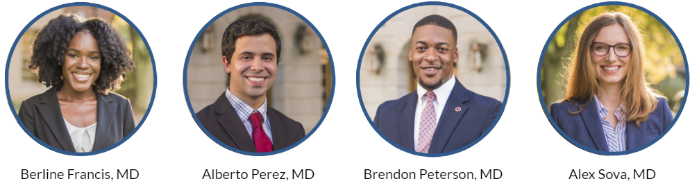 Four headshots of alumni from the GEMS program: Berline Francis, MD, Alberto Perez, MD, Brendon Peterson, MD, and Alex Sova, MD